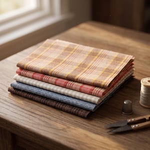 Peut inclure: Une pile de cinq carrés de tissu pliés présentant divers motifs, notamment un tartan jaune et marron, un tartan rouge, un vichy beige, un bleu uni et un marron foncé uni. À proximité se trouvent une bobine de fil, un dé et des ciseaux.