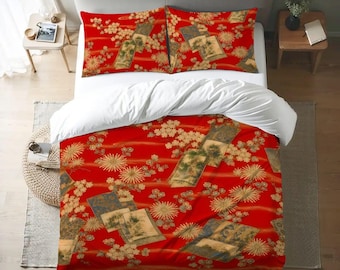 Queen Bedding Set | Elegant Floral Asian Bedding, Luxury Red Botanical Bedroom Decor, 3 Piece Set