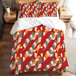 Red Botanical Duvet Cover Set | Modern Leaf Pattern Bedding, Scandinavian Decor