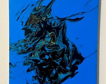 Abstract Acrylic Pour Painting on Canvas – Blue Black Swirls
