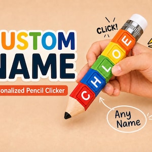 May include: A pencil-shaped clicker pen featuring colourful, stackable square blocks that spell out the name CHLOE in white letters. The pen has a wooden tip, a silver-coloured top section, and a white eraser. Text includes CUSTOM NAME, Personalized Pencil Clicker, CLICK!, and Any Name.