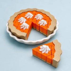 May include: A toy pie in a white scalloped dish, featuring a golden-brown crust and bright orange filling divided into segments. Each segment is topped with a white dollop of whipped cream. One triangular slice is separated from the main pie.