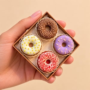 May include: A square brown box containing four miniature ring-shaped pastries. One is brown with brown sprinkles, one is white with yellow dots, one is purple with pink sprinkles, and one is white with red sprinkles, each in a white paper liner.