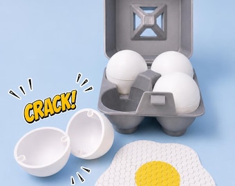 May include: A grey plastic egg carton containing three white spherical eggs, with one open white egg shell nearby and a flat, white and yellow fried egg shape featuring a honeycomb pattern. The text CRACK! appears in yellow with a black outline.