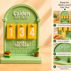 May include: A light green arched book tracker with a brick pattern, featuring the text Caiden HAS READ and BOOKS THIS YEAR. It includes three yellow hanging number cards, a small stack of books, and a potted plant on the base for display.