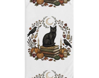 Asciugamano con gatto nero stregato, asciugamano da cucina con pila di libri di Halloween, luna e zucca