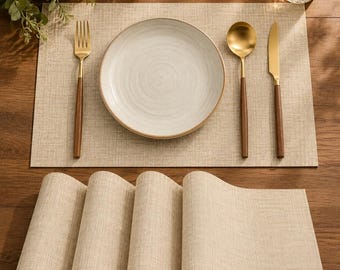 Beige Woven Vinyl Placemats, Washable, Heat Resistant and Non-Slip, Sets of 4–12