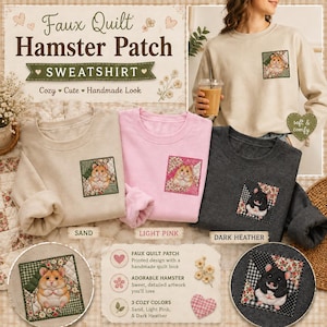 Puede incluir: Una colección de tres sudaderas de cuello redondo en colores arena, rosa claro y gris oscuro. Cada sudadera presenta un parche cuadrado de imitación acolchado en el pecho con una ilustración detallada de un hámster y motivos florales.
