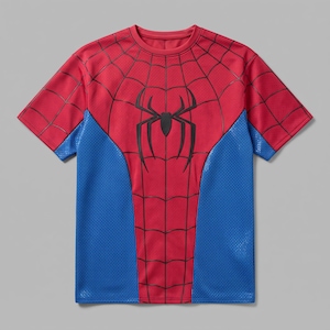 May include: A short-sleeved crew neck t-shirt featuring a red upper section with a black spiderweb pattern and a central black spider emblem. The lower sides and sleeves are blue, and the entire garment has a textured, perforated mesh fabric.