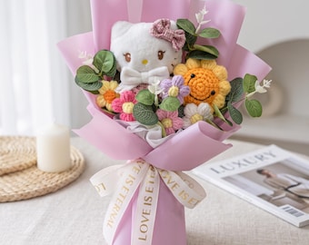 Kawaii Kitty Plush Bouquet | Knitted Floral Arrangement | Cute Aesthetic Room Decor | Romantic Gift For Her | Crochet Flower Centerpiece