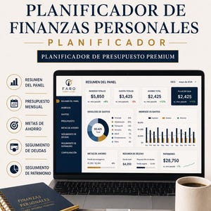 Puede incluir: Una plantilla digital de planificador de finanzas personales en una pantalla de portátil, con un panel de control, gráficos y resúmenes presupuestarios. Incluye un cuaderno, un bolígrafo dorado y una taza de cerámica.