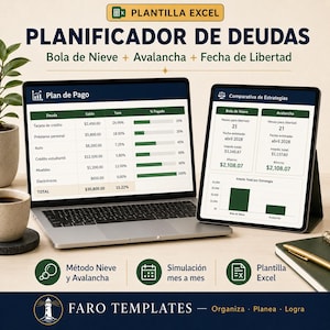 Pode incluir: Um portátil e um tablet exibem um modelo de Excel de planeamento de dívidas intitulado PLANIFICADOR DE DEUDAS. Os ecrãs mostram uma tabela de pagamentos, comparações de estratégias e um gráfico. Texto inclui FARO TEMPLATES.