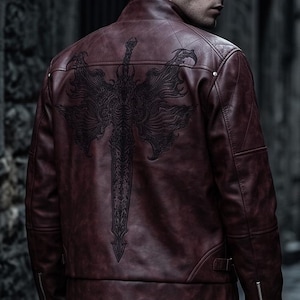 Dante Jacket (inspiriert von DMC5) – Burgunderroter Ledermantel mit Schwertflügelstickerei