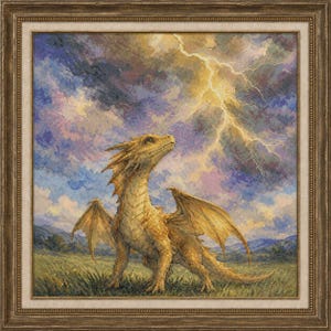 May include: A framed cross-stitch artwork depicting a golden dragon standing in a grassy field under a stormy sky with a bright yellow lightning bolt. The dragon has textured scales, wings, and horns, set against a backdrop of dark purple clouds.