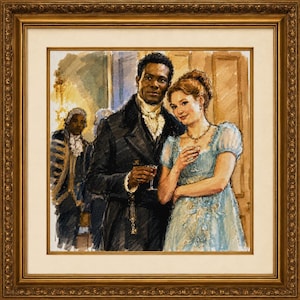 May include: A framed painting depicting a man in a dark coat and cravat standing beside a person in a light blue dress with puffed sleeves. Both hold small glasses. In the background, a figure in a blue and gold uniform stands in a room.