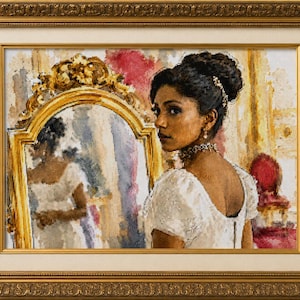 May include: A framed cross-stitch embroidery depicting a person with dark hair in an updo, wearing a white dress and a choker, looking over their shoulder toward a large, ornate gold-framed mirror that reflects their image in a room.
