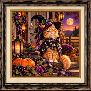 May include: A framed wall art print featuring an orange tabby cat wearing a black witch hat and a purple plaid cape. The cat sits near a stack of books, a glowing lantern, a large orange pumpkin, and purple flowers under a full moon sky.