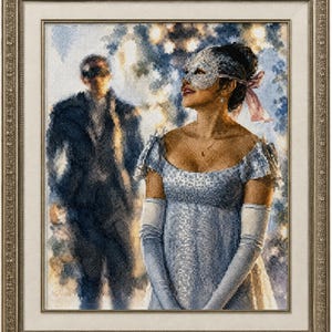 May include: A framed cross-stitch embroidery depicting a person in a light blue gown and white opera gloves wearing a silver masquerade mask, with a blurred figure in a dark suit standing in the background against a soft, light-filled backdrop.