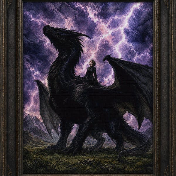 Ik ben het slechte idee | Kruissteekpatroon | Zwarte draak en ruiter | Fantasy PDF | Boekachtige draak muurdecoratie | Dramatische fantasy kruissteek