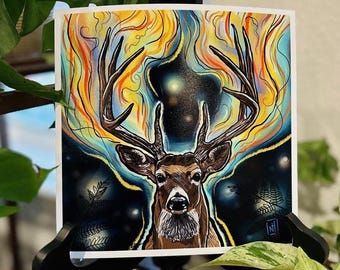 Deer's Light Art Print by Nicole Harris | Deer Print | 8x8" High Quality Print Hand Signed | Deer Buck Wall Art | Witch Woodland Deer Art
