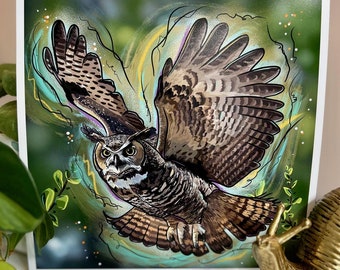 Owl in Flight | Art Print by Nicole Harris | Owl Print | 8x8" High Quality Print Hand Signed | Owl Wall Art | Witchy Woodland Art