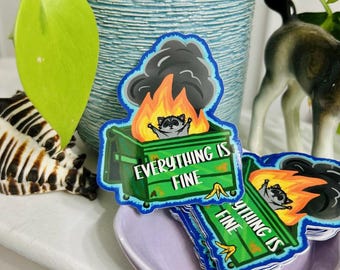 Everything is Fine | Vinyl Sticker | Fun Gifts | Dumpster Fire | Water Bottle Sticker | Laptop Decal | Funny Sticker | Waterproof | Raccoon