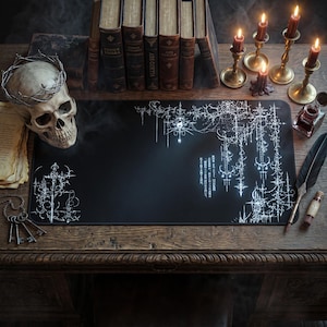 Gothic Cybersigilism Desk Mat | Black White Ornate Mouse Pad, Dark Academia Gaming Deskmat, Minimal Goth Desk Decor