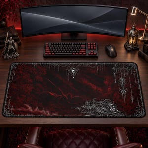 Gothic Fallen Angel Desk Mat | Red Black Dark Fantasy Mouse Pad, Cybersigilism Gaming Deskmat, Dark Academia Goth Decor