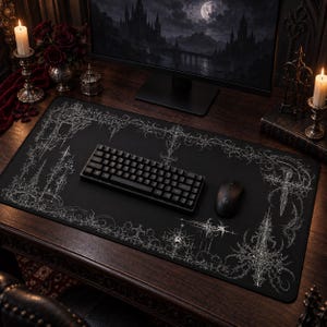 Gothic Cybersigilism Desk Mat | Black White Ornate Mouse Pad, Dark Academia Gaming Deskmat, Victorian Filigree Goth Decor