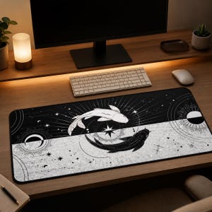 Yin Yang Koi Fish Desk Mat | Black White Celestial Mouse Pad, Japanese Zen Gaming Deskmat, Cosmic Stars Office Decor