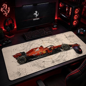 Vintage Red F1 Desk Mat | Formula Racecar Mousepad | Racing Blueprint Deskpad | Car Enthusiast Mousepad | XL Deskmat Gift