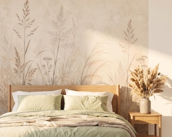 Neutrale Wildblumentapete, beigefarbene Wiesengras-Wandmalerei, minimalistische botanische Dekoration
