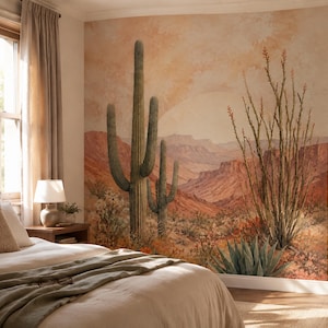 May include: A wall mural featuring a desert landscape with tall saguaro cacti, ocotillo plants, and agave in the foreground. The background displays red rock canyons and mountains under a soft, warm-toned sky with a large, pale sun setting.