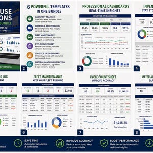 Pode incluir: Um pacote de modelos de Excel para operações de armazém com seis ferramentas profissionais, incluindo rastreadores de inventário, registos de envio, manutenção de frota, folhas de contagem, painéis de KPI logísticos e inspeções de material.