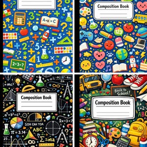May include: A set of four composition books featuring colorful patterns on dark blue and black backgrounds. Each book has a white rectangular label with the text Composition Book and lines for writing. The designs include school supplies, math symbols, science equipment, and various cartoon icons.