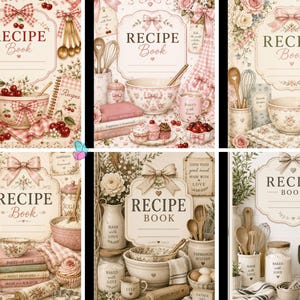 May include: A collection of six recipe books featuring illustrations of kitchenware, including mixing bowls, whisks, measuring spoons, and floral accents. Each cover displays the text RECIPE BOOK in a decorative frame with various pastel color palettes.