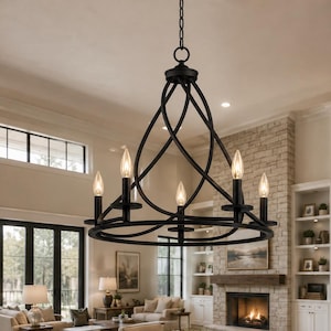 Black Farmhouse Chandelier, 5 Light Wrought Iron Dining Room Light Fixture,  Rustic Pendant, Handmade Lighting
