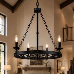 Handmade Wrought Iron Chandelier, Black Farmhouse Dining Room Light Fixture