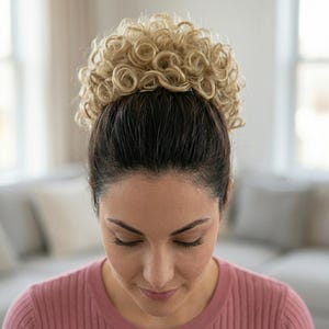 May include: A hair accessory featuring a voluminous, curly blonde hairpiece attached to a dark brown base. The blonde curls are tightly coiled and arranged in a high, rounded shape, contrasting with the smooth, dark brown hair at the crown.
