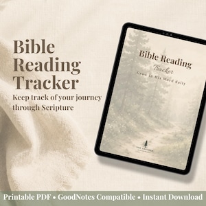 May include: A tablet displaying a Bible Reading Tracker with a forest path illustration. The screen text reads Bible Reading Tracker and Grow in His Word daily. The text Bible Reading Tracker and Keep track of your journey through Scripture appears to the left.