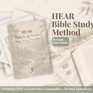 May include: A stack of printable pages titled HEAR Bible Study Method with a forest landscape graphic, alongside an open book and a ceramic mug. The text reads HEAR Bible Study Method, Simple ways to study God's word, Instant Download, and Printable PDF.