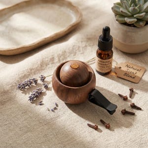 Puede incluir: Un difusor de aroma para coche de madera redonda con un clip negro, acompañado de un pequeño frasco de vidrio ámbar etiquetado Aromatic Lavender & Clove Oil, una etiqueta beige Natural Scent Blend, ramas de lavanda y varios clavos de olor.