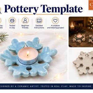Puede incluir: Una plantilla de alfarería para un portavelas con forma de copo de nieve. La imagen muestra un copo de nieve de cerámica esmaltada en azul claro con una vela de té encendida en el centro, junto a una versión gris y una escena festiva.