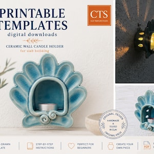 May include: A blue ceramic wall candle holder shaped like a shell with a central alcove for a tea light. The image includes text: PRINTABLE TEMPLATES, digital downloads, CERAMIC WALL CANDLE HOLDER for slab building, CTS, and ORIGINAL DESIGN.