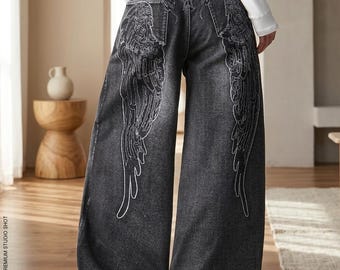 Black Baggy Wide Leg Jeans | Angel Wing Embroidered Denim Pants