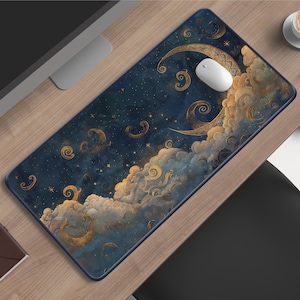 Tappetino da scrivania con luna crescente celeste / Tappetino per mouse con cielo di mezzanotte / Superficie di gioco con nuvole cosmiche