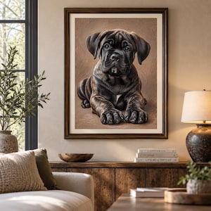May include: A framed wall art print featuring a realistic portrait of a dark brindle Cane Corso puppy lying down. The puppy has large, expressive eyes, floppy ears, and a short coat with black and brown stripes, set against a textured tan background.