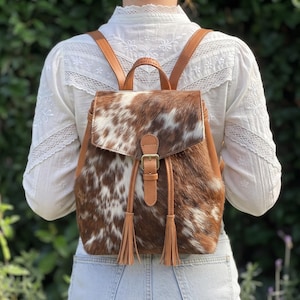 Cowhide Leather Backpack, Genuine Western Boho Tassel Bag, Cow Print Travel Backpacks for Women