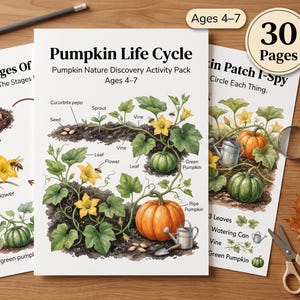 May include: A Pumpkin Life Cycle nature discovery activity pack with 30 pages for ages 4-7. The educational sheets feature watercolour illustrations of pumpkin growth stages, including seeds, sprouts, vines, flowers, and green and ripe pumpkins.