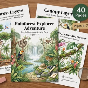 May include: A Rainforest Explorer Adventure activity pack with 40 pages for ages 4-7. The cover features a jungle scene with a waterfall, sloth, toucan, frog, and leopard. Accompanying pages show rainforest layers, canopy layers, and plant life.